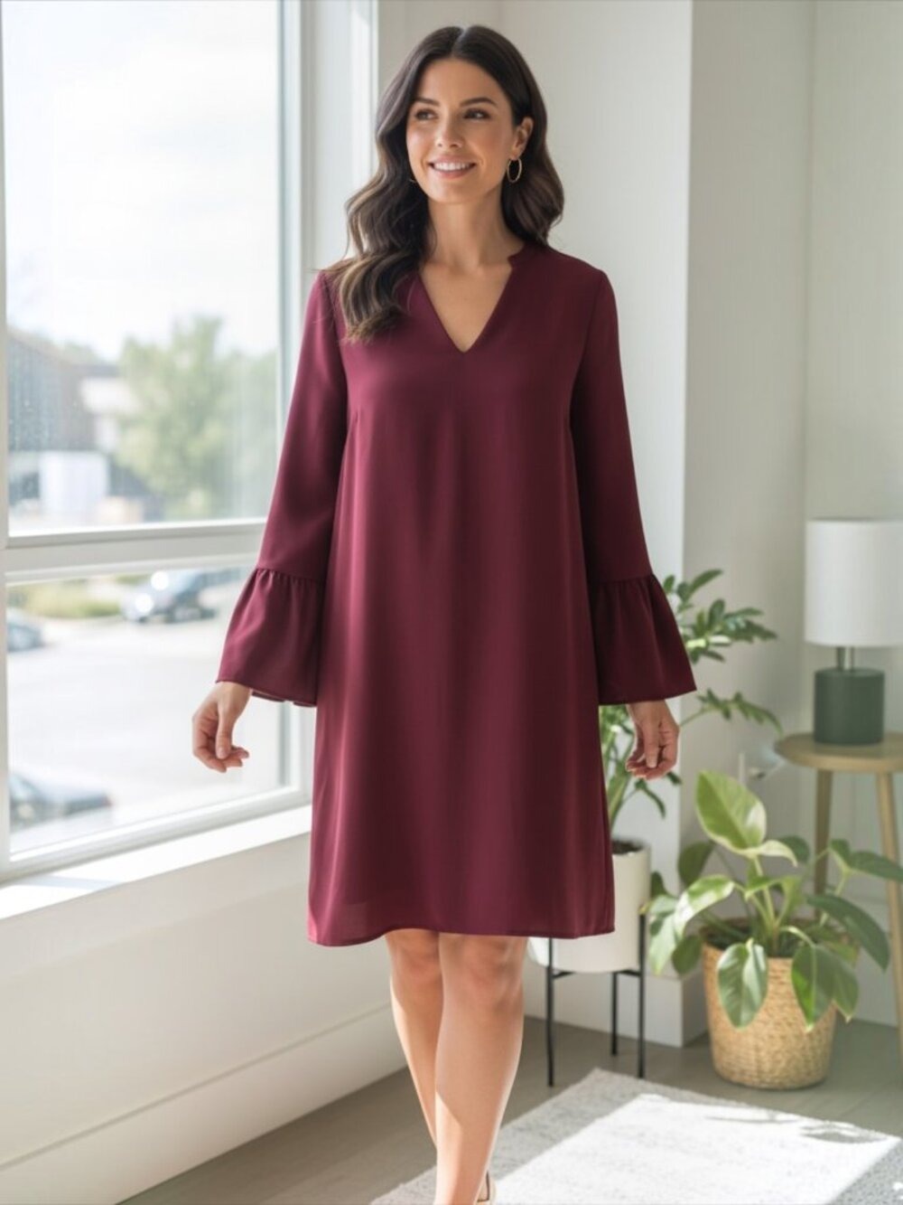 J.Crew Burgundy Bell-Sleeve Shift Dress V-Neck - Size 14